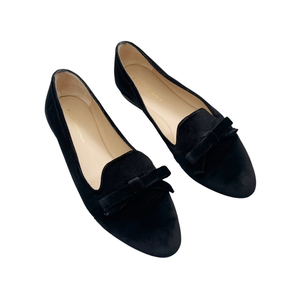 Stuart Weitzman Keegan Bow‎ Flats Womens 7B Black Suede Loafers Office Classic
